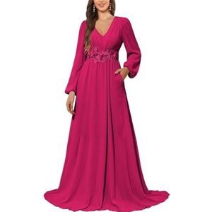 KURFACE Bruidsmeisjesjurk met lange mouwen en zakken, kanten applicatie, chiffon, moederjurk van de bruid, Fuchsia, 34