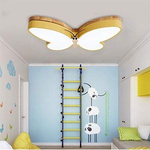 Led-plafondlamp, kinderkamerlamp, dimbaar, voor meisjes en jongens, kinderen, slaapkamer, hout, decoratieve plafondlamp met afstandsbediening, vlinderdesign, plafondlamp voor woonkamer, badkamer, eetkamer (geel, lengte 50 x breedte 32 cm)