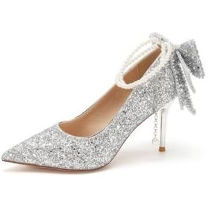 WDUDSUDUW Elegante pumps met spitse neus, glitter en strass steentjes, hoge hakken voor bruiloften, sexy en sprankelende galaschoenen voor op feestjes,Silver 3.35"",35.5 EU