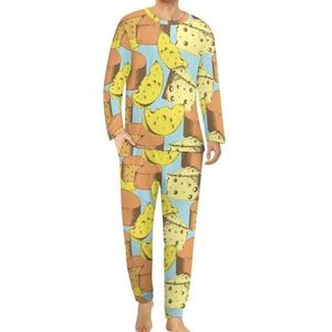 Kaasvoedsel patroon comfortabele heren pyjama set ronde hals lange mouwen loungewear met zakken M