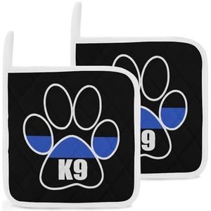 Dunne Blauwe Lijn K9 Hond Poot Pot Houders Sets van 2 Hittebestendige Oven Hot Pads Antislip Pannenlappen voor Keuken Koken Bakken