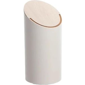 Prullenbak Ronde plastic prullenbak met houten deksel, 9 liter / 2,3 gallon prullenbak met zwenkdeksel, kleine moderne afvalmand for woonkamer, slaapkamer, kantoor Recyclingbakken(Wit)