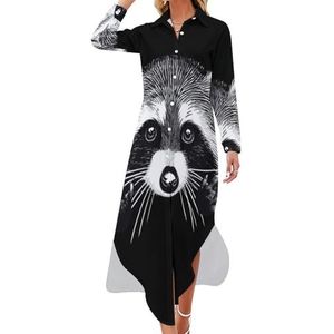 Fern Raccoon Maxi-jurk voor dames, lange mouwen, knoopsluiting, casual party, lange jurk, M