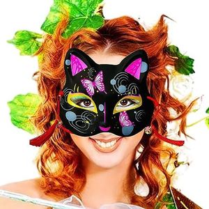 Half gezicht kat vossen masker voor cosplay, Dark Color Series Halloween Foxes Masque, Kleur geschilderde Japanse stijl handgeschilderde feestgezichtsbedekking voor carnavalsfeest Evikoo