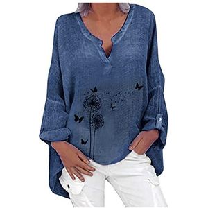 KaloryWee Summer Oversized katoenen linnen blouse voor dames, A-marineblauw, XL