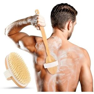 Rugschrobber voor de douche, exfoliërende lichaamsschrobber, 50,8 cm lang handvat, natuurlijke zwijnenharen, doucheschrobber en lichaamsborstel voor douchen, ideale badborstel voor mannen en vrouwen