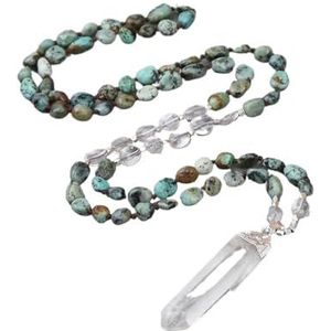 Handmade Natural Blue Apatite Nugget Chip Beads Knot Necklace with White Quartz Point Bead, 32 Inch Long Yoga Necklace for Women (Color : African Turquoise_40Inch)