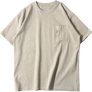 Heren zomer effen kleur katoen korte mouw ronde hals T-shirts losse pasvorm basic T-shirt, Beige, M