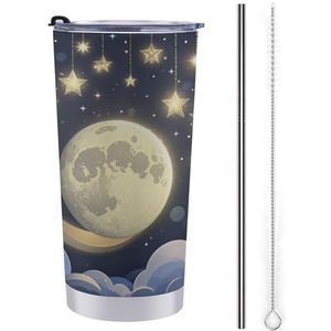LHDGSJE Sterren en maan op donkere achtergrond geïsoleerde beker herbruikbare roestvrijstalen mok reizen koffiemok lekvrij grote capaciteit auto beker geïsoleerde waterfles past in auto bekerhouder