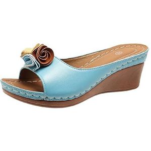 Dames Retro Sleehak Slippers 2024 Nieuwe Sandalen Met Bloemen Zomer Peep Toe PU Lederen Slippers Rubberen Platform Slippers for Binnen Buiten Vrijetijdsbesteding Strandschoenen (Color : Blue, Size :