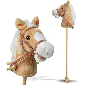 Pink Papaya Steekpaard, Goldy, schattig speelgoed paard van pluche met geluid Functie: gehuil en galop geluid - Kleur: beige met blonde manen