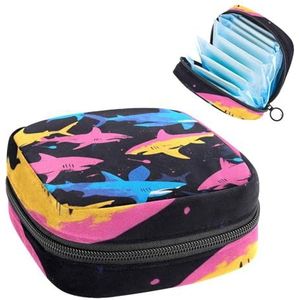 Opbergtas voor maandverband, kleurrijke haaien naadloos patroon, draagbare maandverband, inlegkruisjes, tampons, maandverband, opberghouder voor vrouwen, school, kantoor