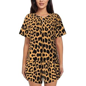 RIVETECH Pyjama met luipaardprint voor dames met korte mouwen - comfortabele korte sets, nachtkleding met zakken, Zwart, XL