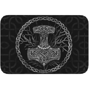 Viking Tree of Life Mjolnir Bedrukt Flanel Tapijt - Norse Mythology Thor's Hammer Yggdrasil Opvouwbaar Vloerkleed - Fashion Harajuku Wasbare Keukendeurmatmatten (Color : Black, Size : 40CMx60CM)