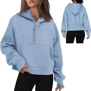 Vrouwen Cropped Hoodies Kwart Half Zip Cropped Hoodies Sweatshirts Zip Up Pullover Sweaters Duim Gat Workout Hoodie Zip Up (Color : Light Blue, Size : L)