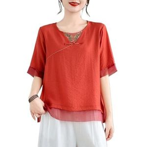 2024 Zomer Retro Etnische Stijl Chinese Tops Ronde Hals Halve Mouwen Geborduurde Shirts Losse Flowy Casual Blouse(Color:Red,Size:L)