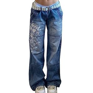 Yokbeer Vrouwen Lage Taille Wijde Pijpen Jeans Vintage Print Baggy Slang Y2k Verontruste Rechte Denim Broek Slim Flare Jean E Meisje Streetwear (Color : Blue, Size : L)