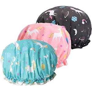 Douchekap, Eva Shampoo Cap Double Waterproof Layers Douchekap voor meisjes en vrouwen (3 stuks Unicorn Shower Caps (blauw, roze, zwart)