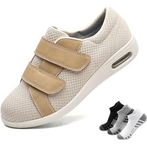 Diabetische Herenschoenen,Ademende, Verstelbare Wandelschoenen Met Extra Breed Bovenwerk(Beige,49EU)