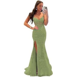 Dames glitter tule galajurk lang voor vrouwen kanten applicaties avondfeestjurken met split, Sage Groen, 10XL