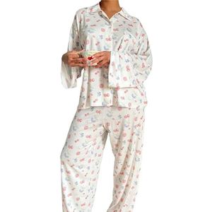CheJooe Dames 2-delige pyjama met bloemenprint en lange mouwen, revers, button-down shirt, rechte wijde pijpen, broek, outfits, Y2k loungewear bijpassende sets, Wit, S
