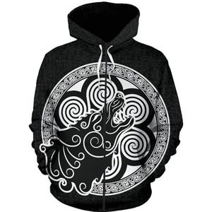 Heren Retro 3D-geprint Jack met Rits - Noorse Mythologie Odin Fenrir Wolf Vegvisir Toteme Losse Trui met Lange Mouwen - Middeleeuwse Punk Straat Talisman Kleding(Color:Fenrir H,Size:4XL)