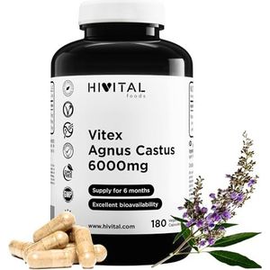 Vitex Agnus Castus 6000 mg. 180 veganistische capsules voor 6 maanden behandeling. Geconcentreerd 15:1 extract met 0,5% Vitexine, goed voor 6000 mg. Monnikspeper. Gefabriceerd in Europa door HIVITAL