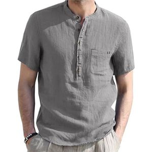 Herenshirt met korte mouwen, casual pasvorm, linnen overhemd met korte mouwen, lichtgewicht, ademend, effen kleur, zomer T-shirt met ronde hals voor vrije tijd, Grijs, XXL