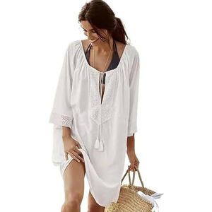 Cover Ups Voor Vrouwen Strandkleding Dames Zonnebescherming V-hals Losse Strand Cover-up Jurk Zomer Mode Badpak Cover Ups Voor Vrouwen (Wit)