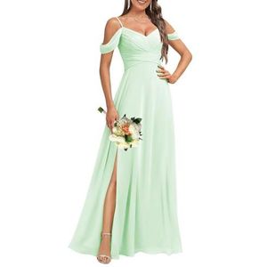 HPPEE Dames koude schouder V-hals chiffon bruidsmeisjes jurken met split geplooide formele jurk avondjurk, mintgroen, 32