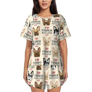 EdWal I Love Franse Bulldog Print Dames Pyjama Sets Lounge Wear Set Zachte Loungewear Korte Mouwen Pjs En Shorts, Zwart, M