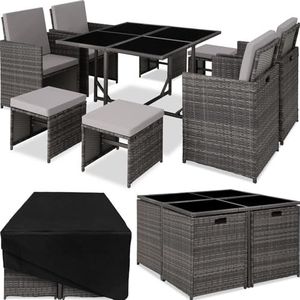 tectake® -Wicker tuinmeubelset met aluminium onderstel, inclusief 4 stoelen, 1 tafel, 4 krukken, opvouwbare tuinloungeset, voor maximaal 8 personen, terrasmeubilair - diverse kleuren (grijs)