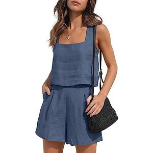 Women Two Piece Outfits Lounge Linen, Tank Top and Shorts, Summer Beach Vacation Clothes, Summer Loose Shorts with Pockets, Boho Streetwear, Linen Matching Sets,Royal blue,XL