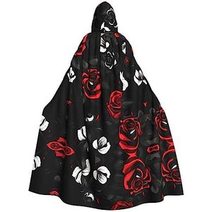 SSIMOO Zwart-witte en rode rozen volwassen mantel met capuchon, vreselijke spookfeestmantel, geschikt voor Halloween en themafeesten