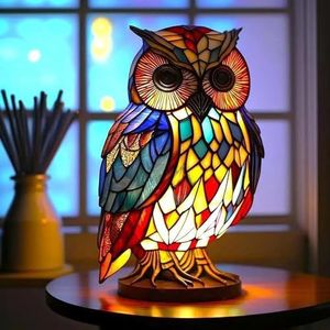Serie dierentafellampen, 3D dierenlamp, tafellamp van gebrandschilderd glas in dierenvorm, vintage hars dierentafellampen, slaapkamerbeddecoratie tafellamp thuiskantoor decor m-4017 (Color : Owl)