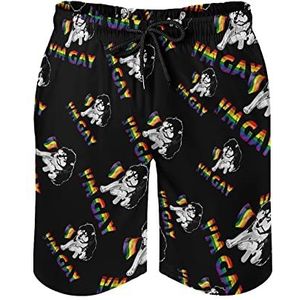I Am Gay Pride LGBT-vlag Siberische Husky Zwembroek voor heren, bedrukte boardshorts, strandshorts, badmode, badpakken met zakken, 2XL