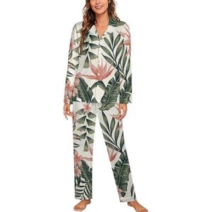 Plumeria Bloemen Bladeren Palmbomen Vrouwen Lange Mouw Button Down Nachtkleding Zachte Nachtkleding Lounge Pyjama Set M