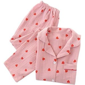 Revers - Pyjama Set - Roze - Hart Patroon - Dames - Katoen - Lange Mouwen