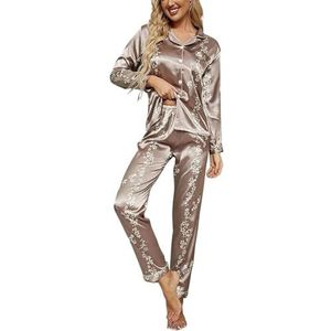 CSSHNL Satijnen pyjamaset pyjama set lange mouwen nachtkleding vrouwen button down nachtkleding pyjama sets print shirt met broek loungewear vrouwelijke pyjama pakken dames pyjama set (kaki, M)