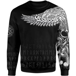 Stijlvolle Viking Crow Vegvisir Hoodie, Klassieke Harajuku 3D Rune Tattoo Print Paar Straat Sweatshirt met Ronde Hals, Lente en Herfst Losse Heidense Tops(Color:Round Neck,Size:3XL)