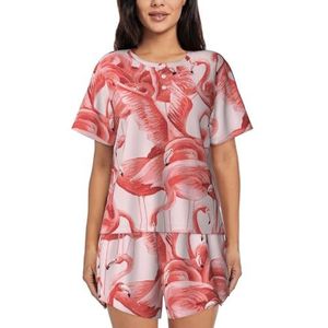 JIAWUJYNB Pyjama met flamingo-print voor dames met korte mouwen, comfortabele korte sets, nachtkleding met zakken, Zwart, L