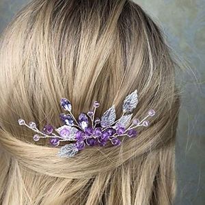 JWICOS Bladeren Kristallen Bruid Bruiloft Haar Kam Haaraccessoires met Kralen Bruids Haaraccessoires voor Bruiden en Bruidsmeisjes (paars)