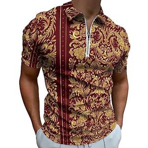 Barok Gouden Bloem Polo Shirt voor Mannen Casual Rits Kraag T-shirts Golf Tops Slim Fit