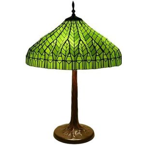 Fiunkes Groen-rode glas-in-lood tafellamp met trekkoordschakelaar, Tiffany-stijl Mission-lampenkap, vintage decoratieve lamp, slaapkamer nachtlampje, woonkamer bureaulamp,Groen
