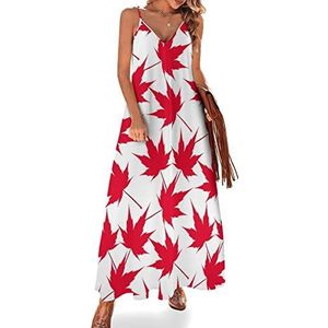 Canada rode esdoornbladeren dames zomer maxi-jurk V-hals mouwloze spaghettiband lange jurk