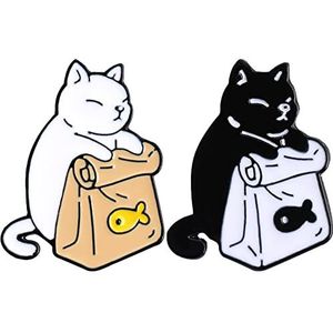 vepoty Leuke Zwart Wit Katten Pins Gedroogde Vis Tas Broche Cartoon Dier Badges Denim Revers Pin Sieraden Gift Voor