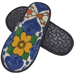 408 Damespantoffel, Mexicaanse Talavera keramische tegelpatroon, etnische folk katoenen pantoffels comfortabele damesslippers, polyester huispantoffels voor binnen, volwassenen, vrouwen, Harige