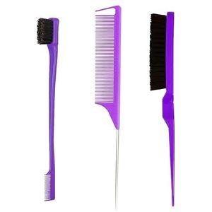 3-delige haarkam, dubbele randkam, rattenstaart-kam, borstelharen, haarknip, haarkam, kapperskam, haarborstel, voor kapper, thuis (paars)