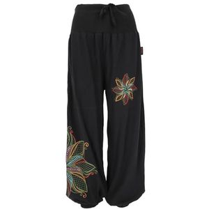 Guru-Shop, Brede Harembroek met Brede Tailleband en Bloemenborduursel, Zwart, Katoen, Size:L/XL (42), Harembroek Aladdin-broek
