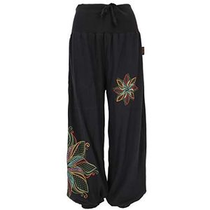 Guru-Shop, Brede Harembroek met Brede Tailleband en Bloemenborduursel, Zwart, Katoen, Size:S/M (38), Harembroek Aladdin-broek